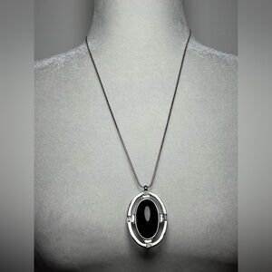 Silver Tone Black Stone Bolo Lariat Necklace Adjustable Slider Statement Pendant